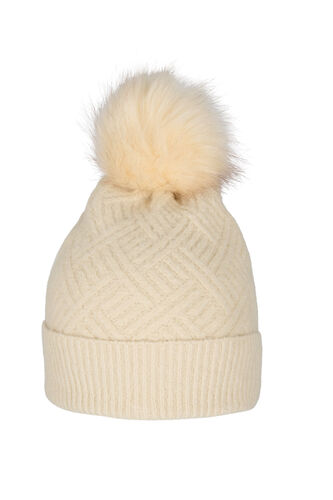 Knitted beanie with pom pom, Warm Off-white, Packshot image number 0