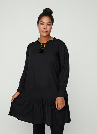 Viscose dress with a tie detail, Black, Model image number 0