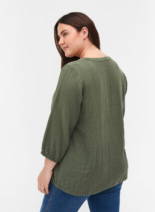 Cotton blouse with buttons and 3/4 sleeves, Thyme, Model image number 1