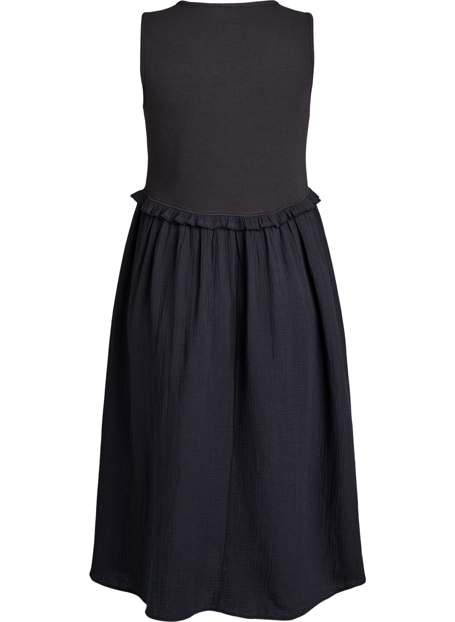 Zizzifashion Sleeveless cotton midi dress with rib and muslin, Black, Packshot image number 1