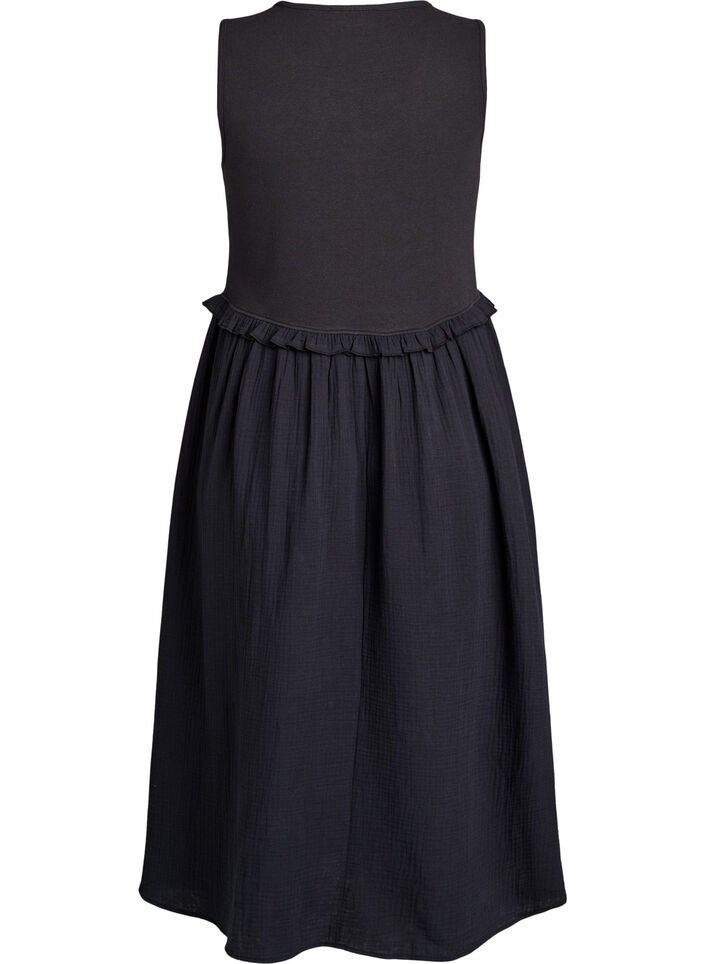Sleeveless cotton midi dress with rib and muslin, Black, Packshot image number 1