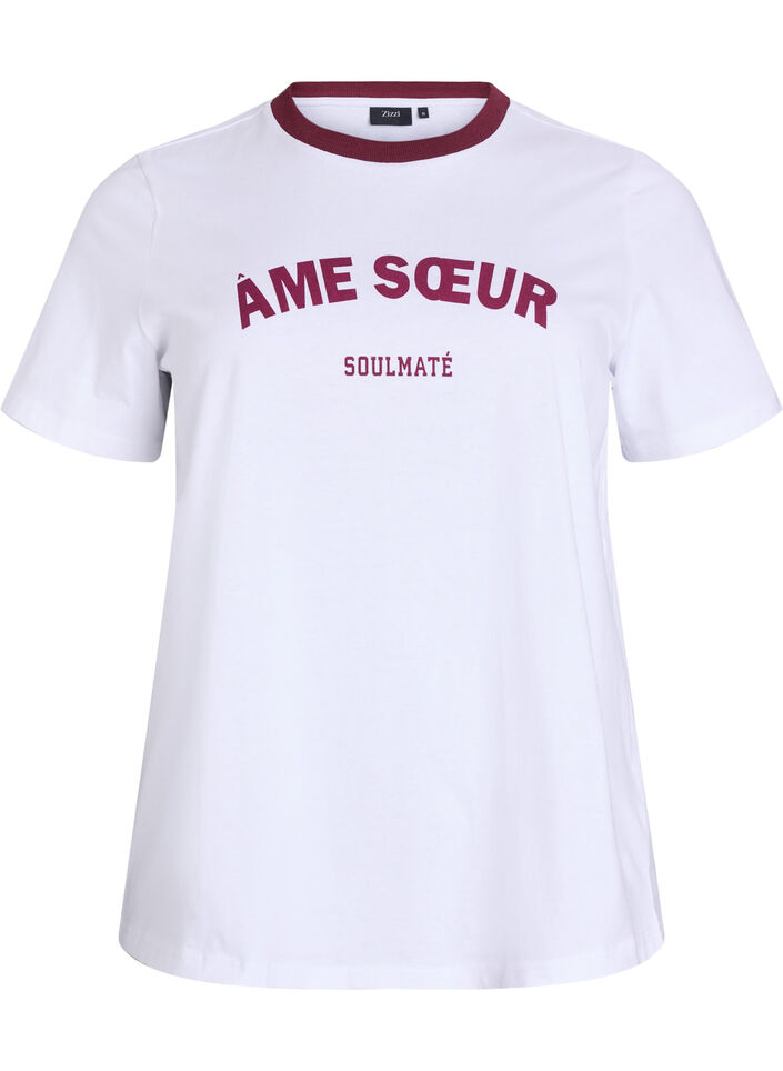 T-shirt with text print and contrast trim, White, Packshot image number 0