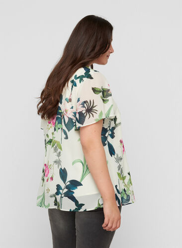 Short-sleeved blouse with a floral print, Bright White AOP, Model image number 1
