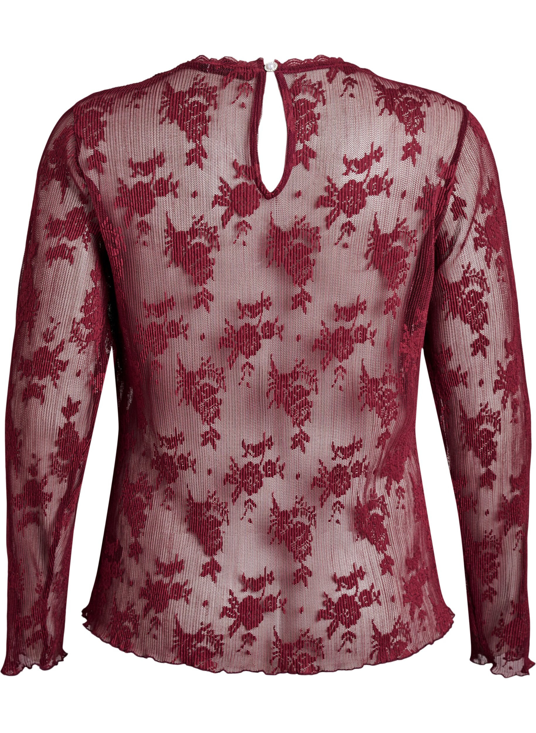 Zizzifashion Long-sleeved mesh blouse with lace pattern, Dark Bordeaux, Packshot image number 1