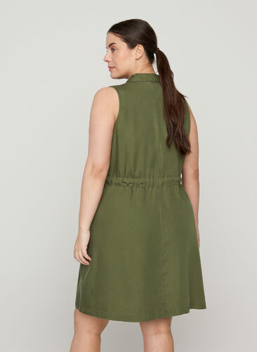 Sleeveless shirt dress with adjustable waist, Kaki Green, Model image number 1