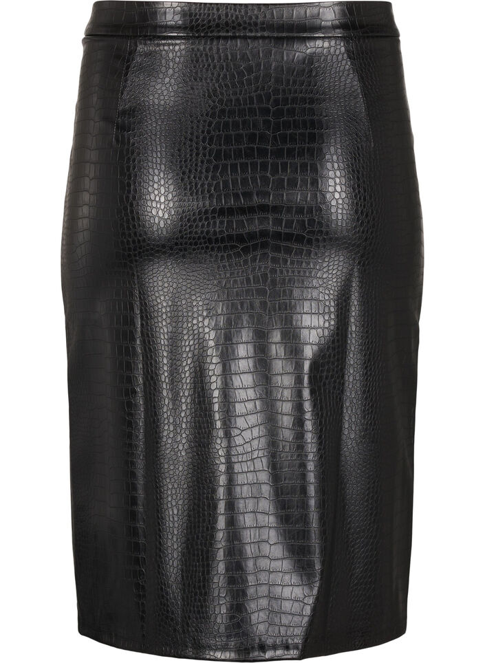 Faux leather skirt with a front slit, Black, Packshot image number 1