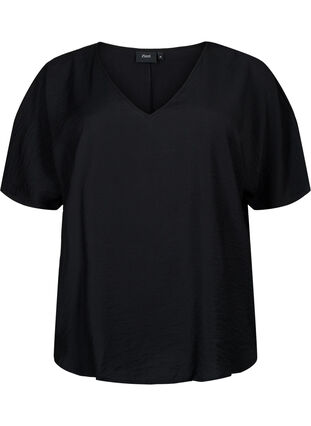 Short-sleeved viscose blouse with v-neck, Black, Packshot image number 0