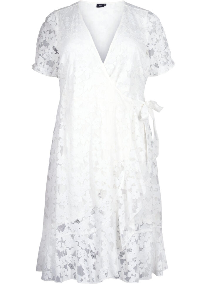 Wrap dress with lace and short sleeves, Bright White, Packshot image number 0