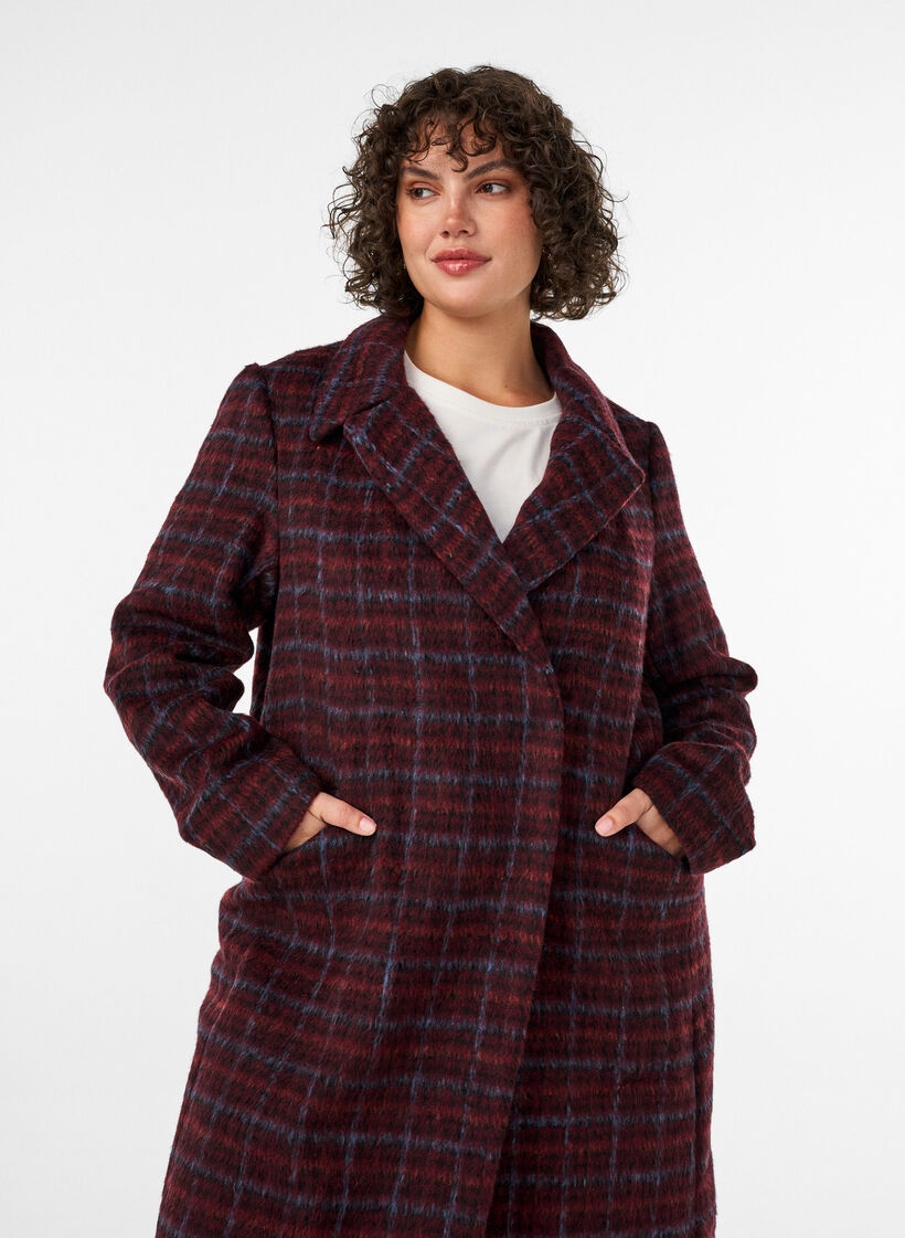 Checked coat with pockets, Red, Model