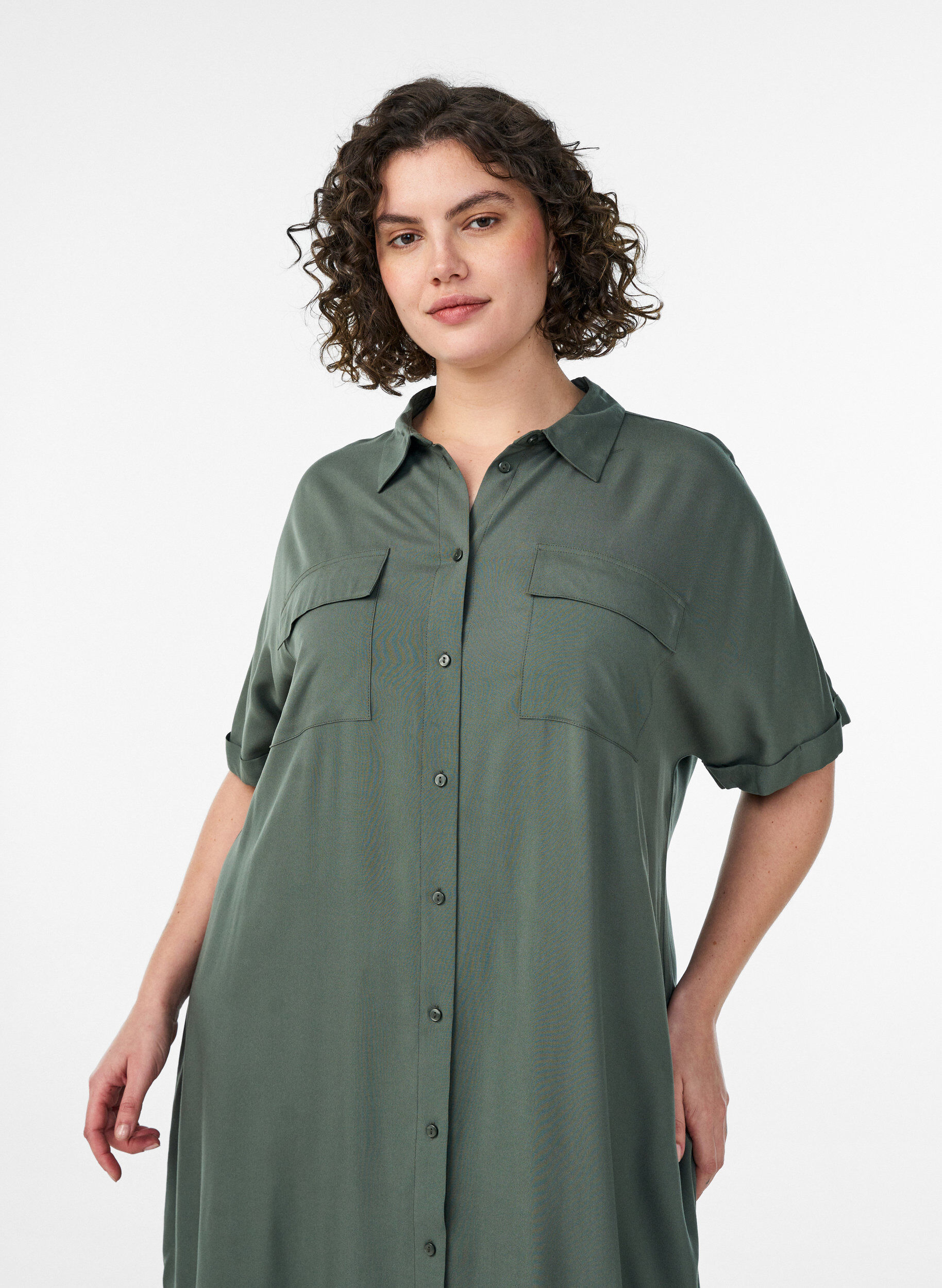 Zizzifashion Long shirt dress with short sleeves, Green, Model image number 2