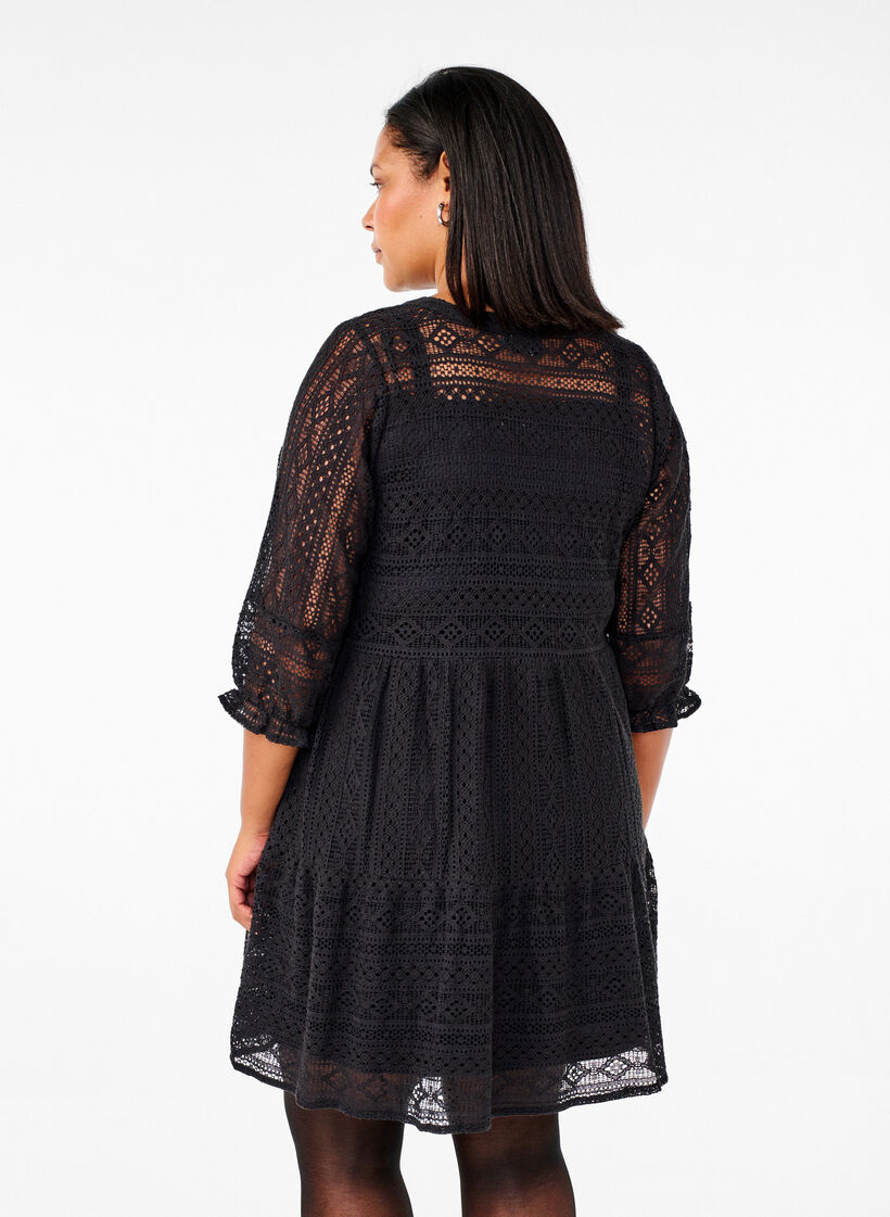 Short lace dress with 3/4 sleeves, Black, Model image number 1