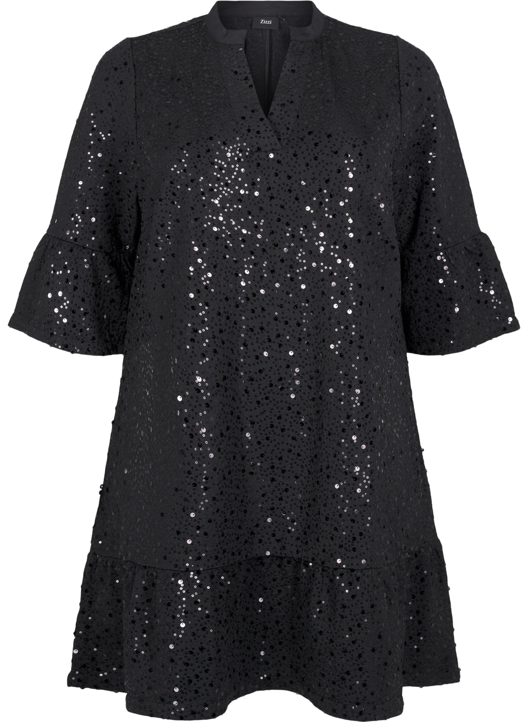Zizzifashion Sequin dress with a V-neck and 3/4 sleeves, Black w. Bl. Sequins, Packshot image number 0