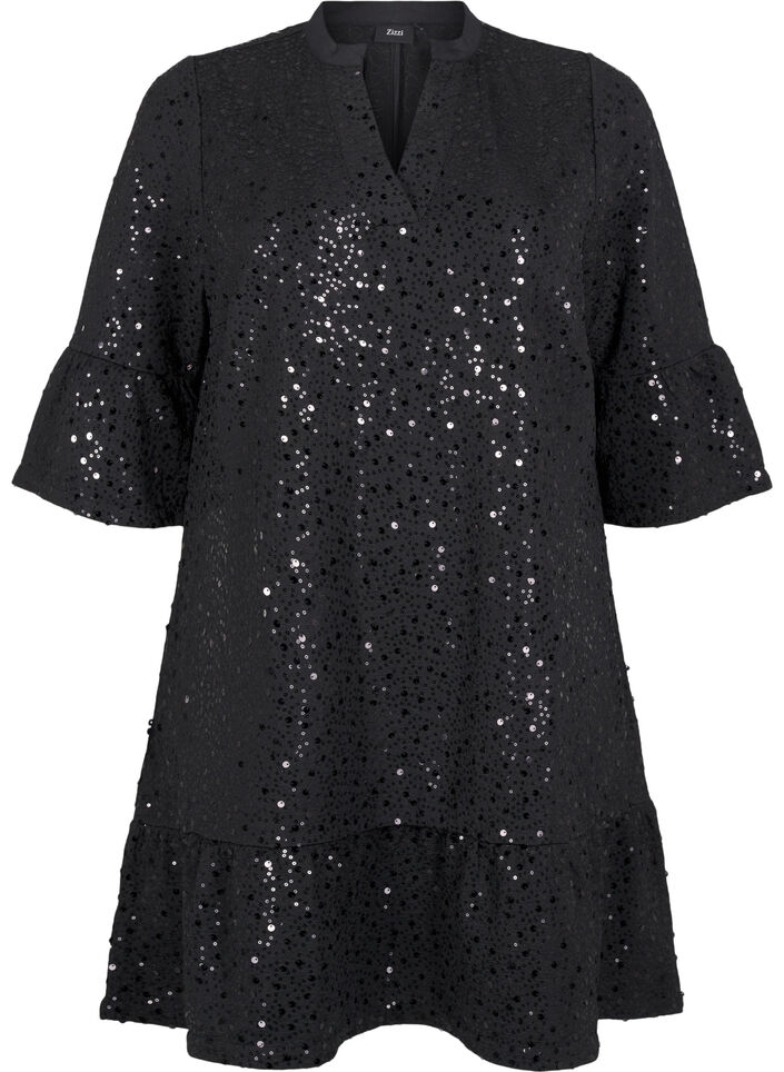 Sequin dress with a V-neck and 3/4 sleeves, Black w. Bl. Sequins, Packshot image number 0