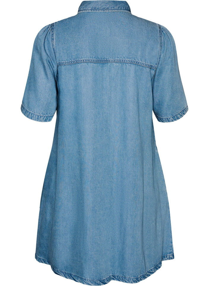 Denim dress in lyocell with buttons and short sleeves, Light Blue, Packshot image number 1