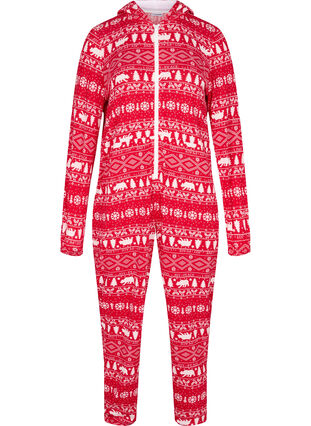 Hooded Christmas print jumpsuit with zip, Christmas AOP, Packshot image number 0