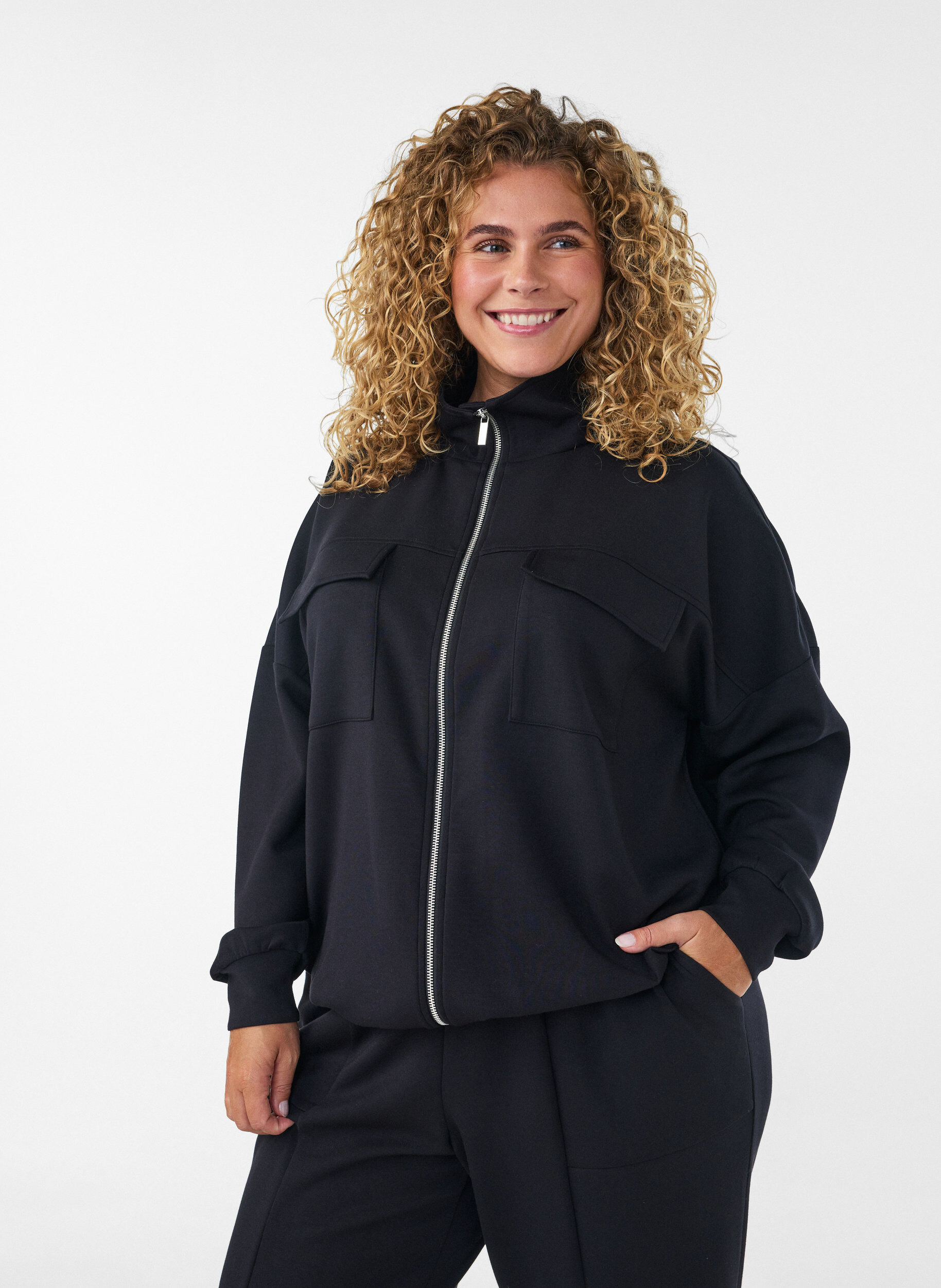 ZizzifashionJersey cardigan with zipper and high collar, Black, Model image number 0