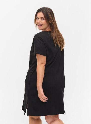 Short-sleeved cotton dress in rib knit, Black, Model image number 1