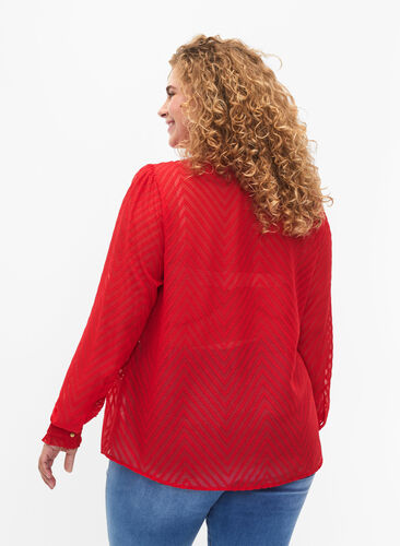 Shirt blouse with ruffles and patterned texture, Tango Red, Model image number 1