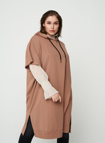 Short-sleeved sweater dress with a hood, Raw Umber, Model image number 0