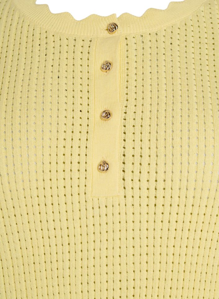 Short-sleeved knit blouse with openwork pattern and wavy edges, Yellow, Packshot image number 2