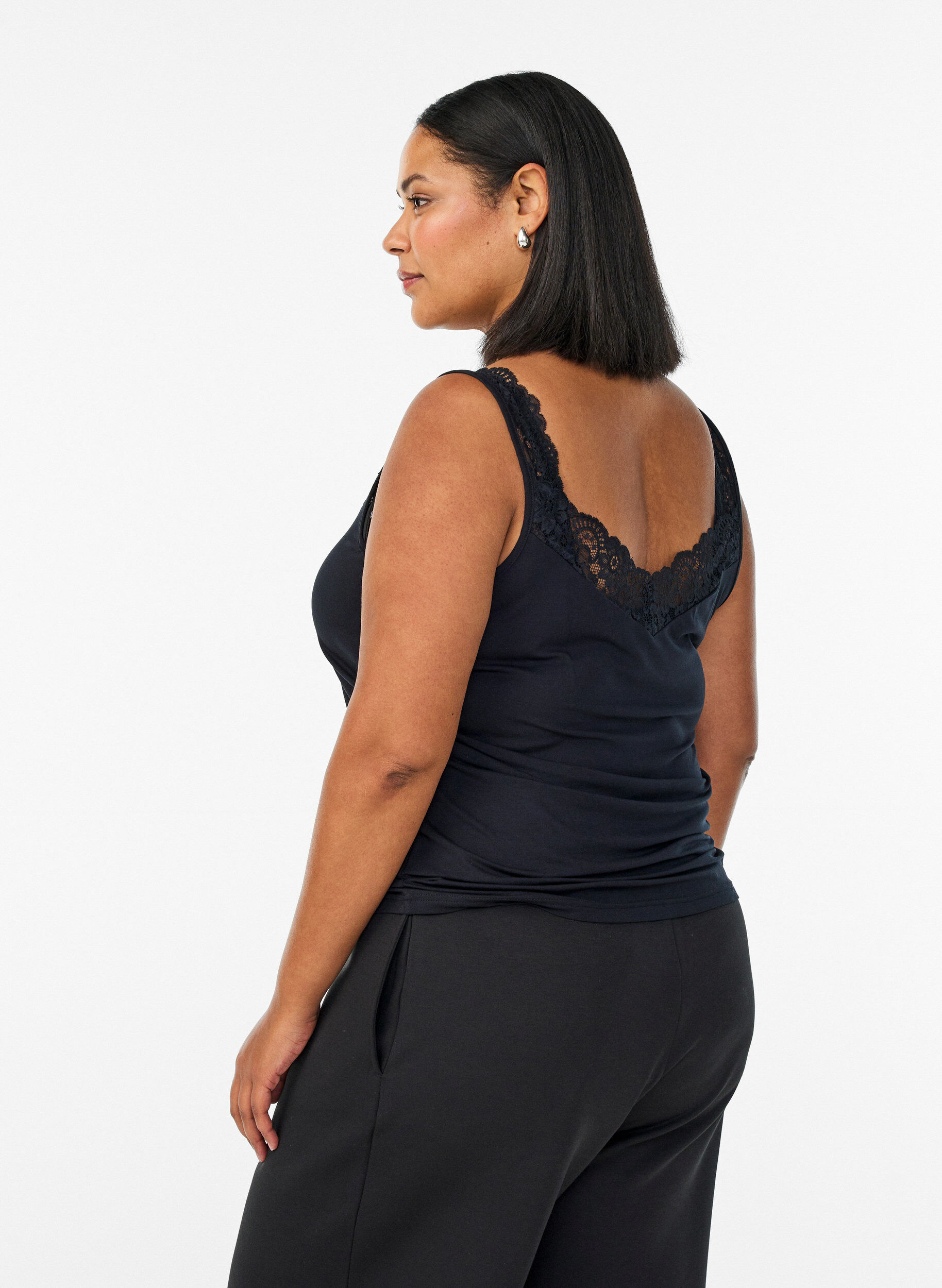 ZizzifashionViscose top with lace edge, Black, Model image number 2