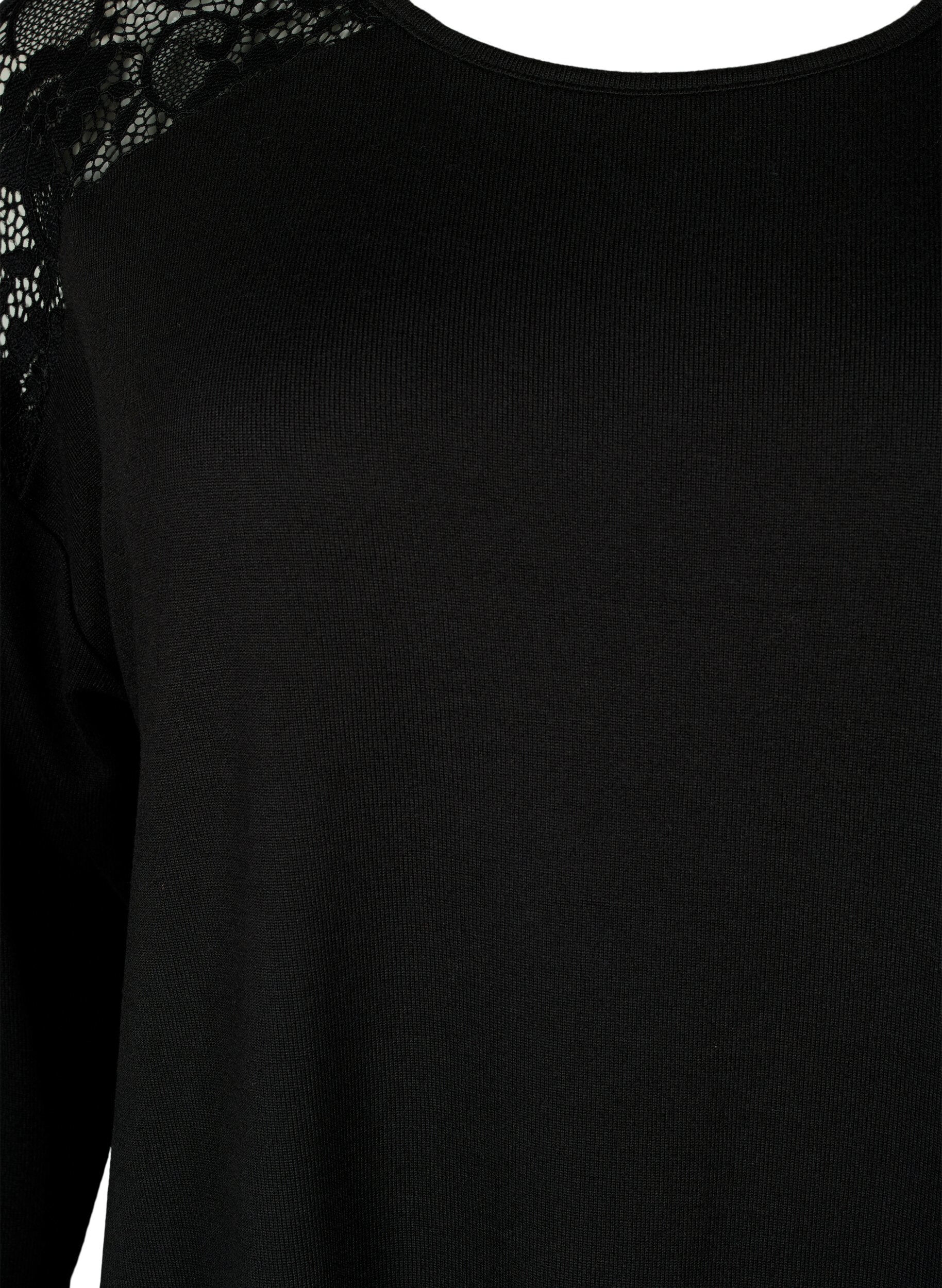 Zizzifashion Blouse with 3/4 sleeves and lace detail, Black, Packshot image number 2