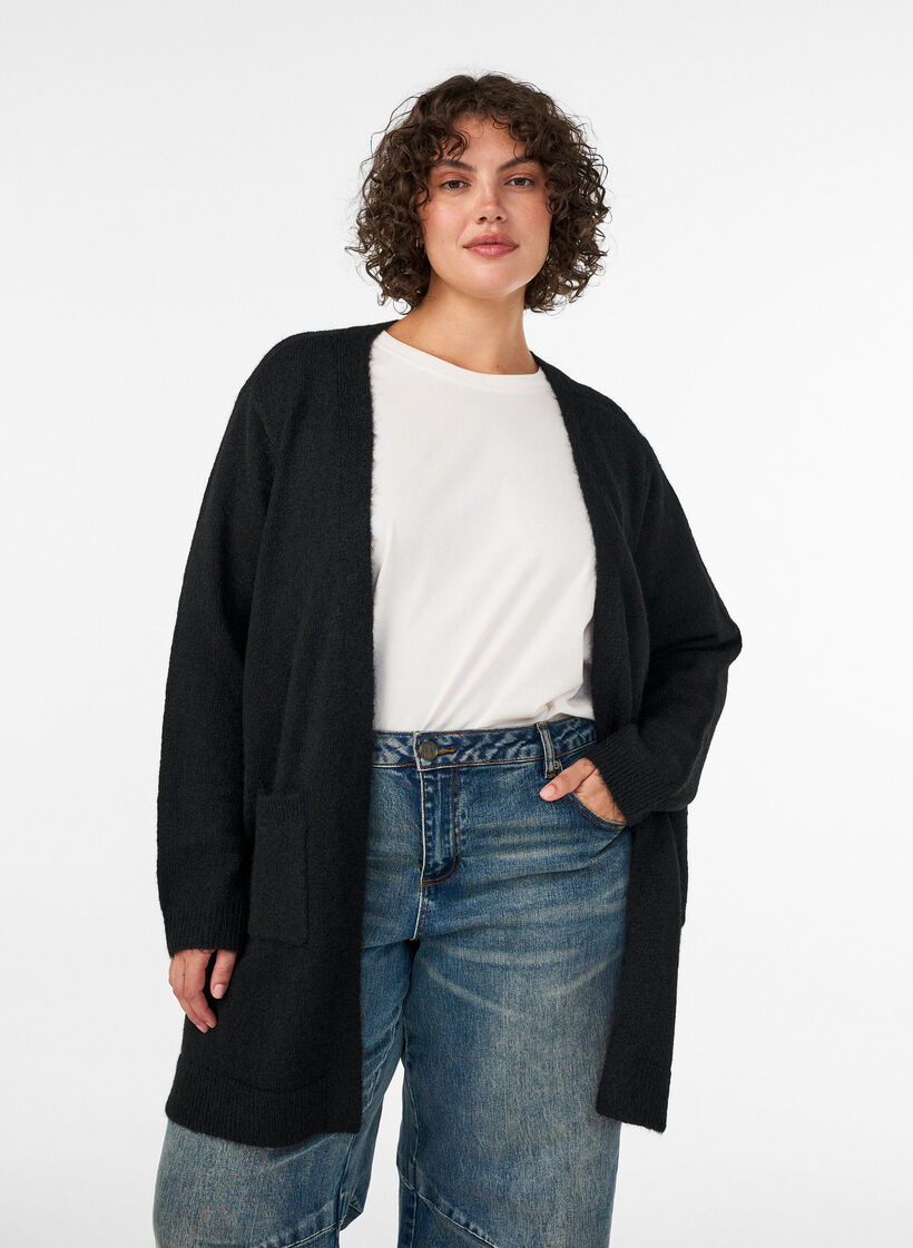 Long cardigan with pockets, Black, Model image number 0