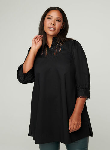 Cotton tunic with 3/4 length sleeves, Black, Model image number 0