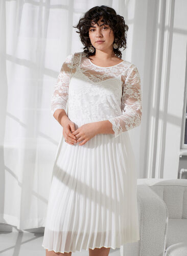 Pleated dress with lace and 3/4 sleeves, Bright White, Image image number 0