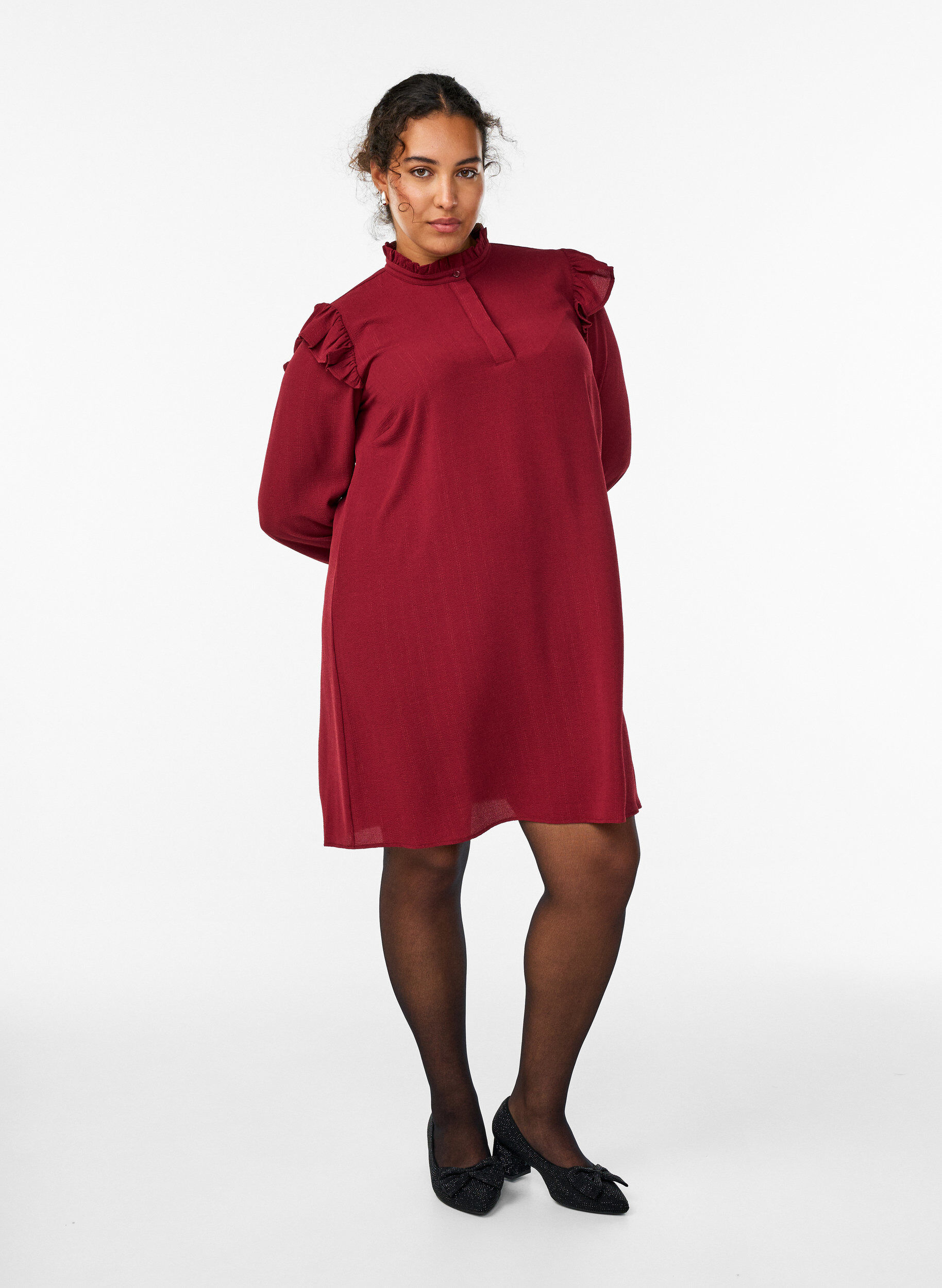 ZizzifashionShort dress with ruffles and glitter, Dark Bordeaux, Model image number 1