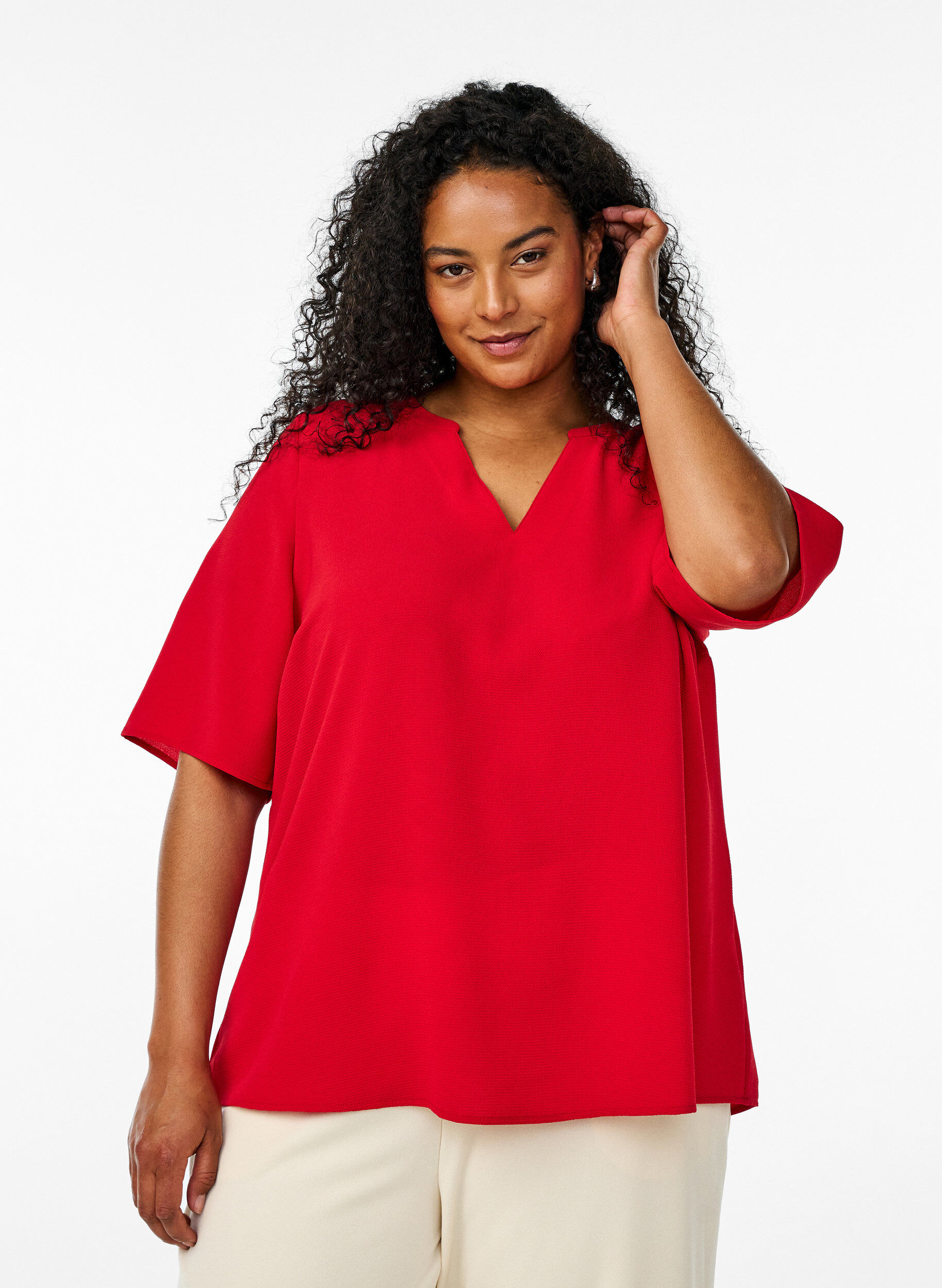 Zizzifashion Short-sleeved blouse with V-neck, Red, Model image number 0