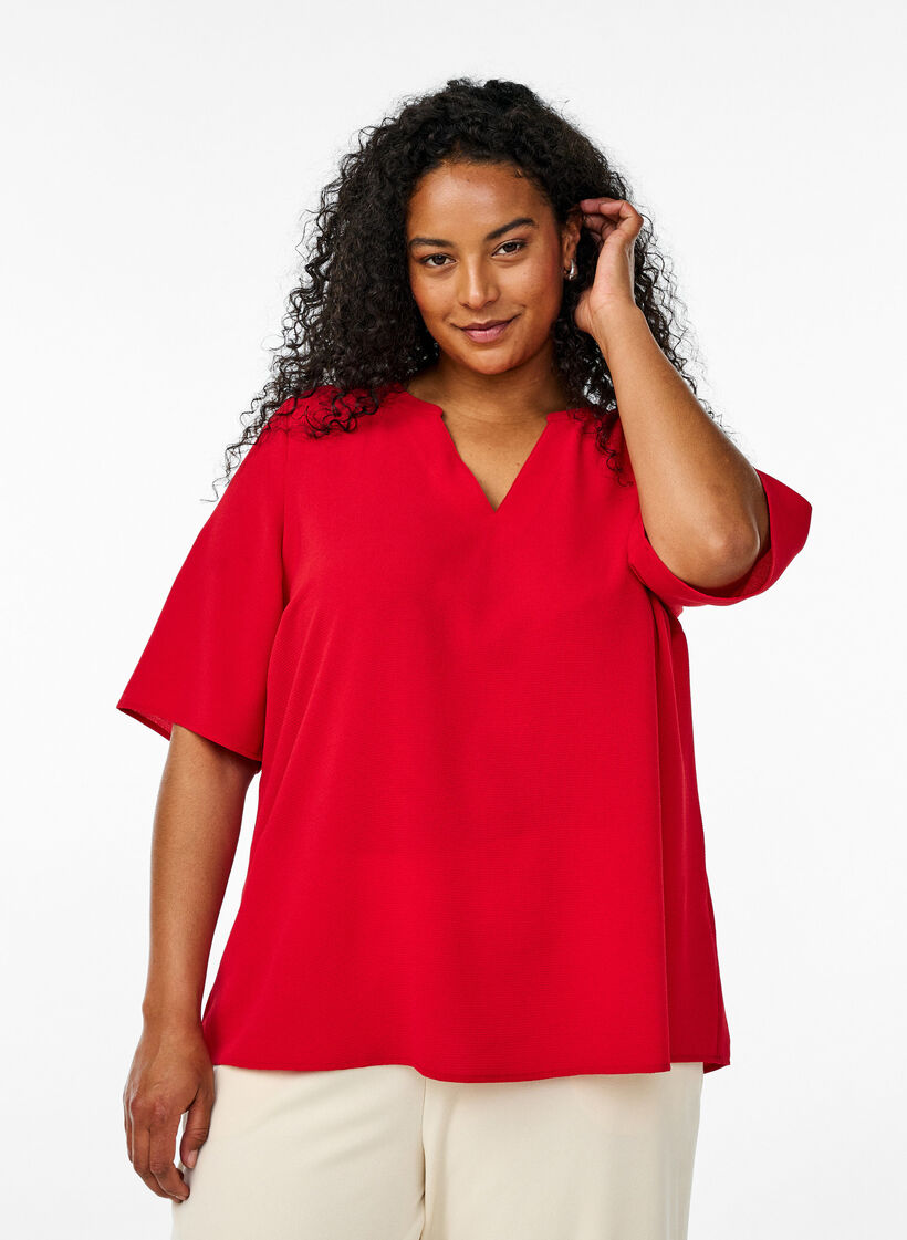 Short-sleeved blouse with V-neck, Red, Model image number 0