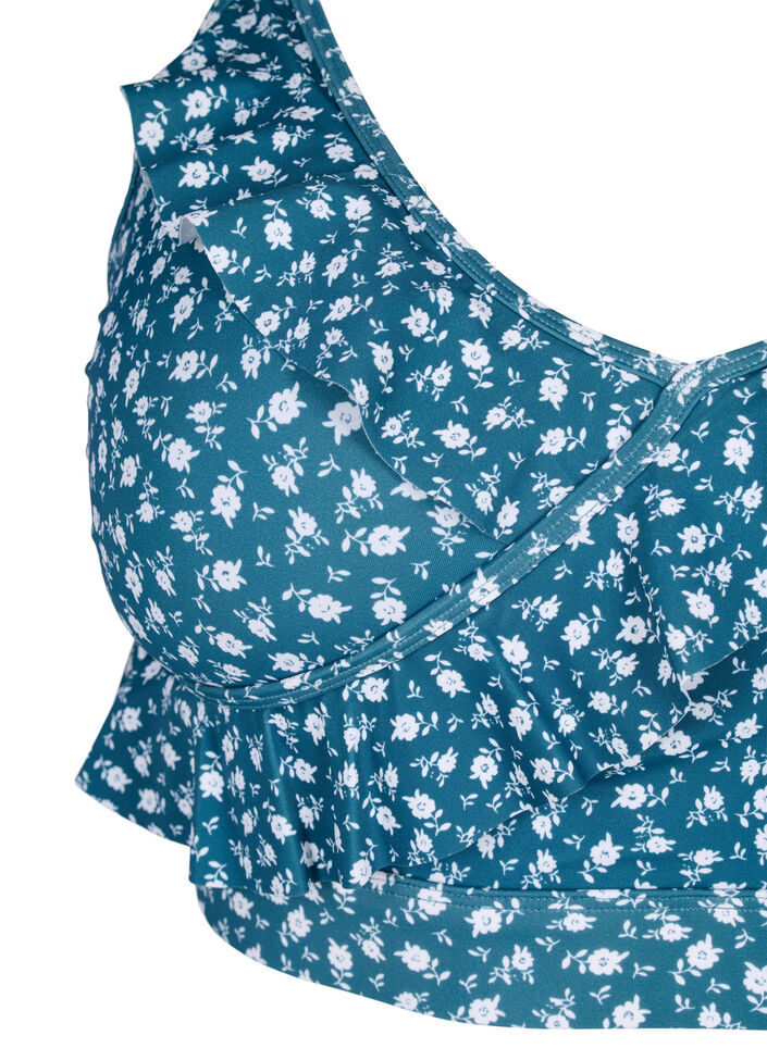Floral bikini top with ruffle details, Petrol, Packshot image number 2