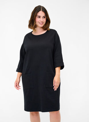 Cotton sweat dress with 3/4 sleeves and pockets, Black, Model image number 0