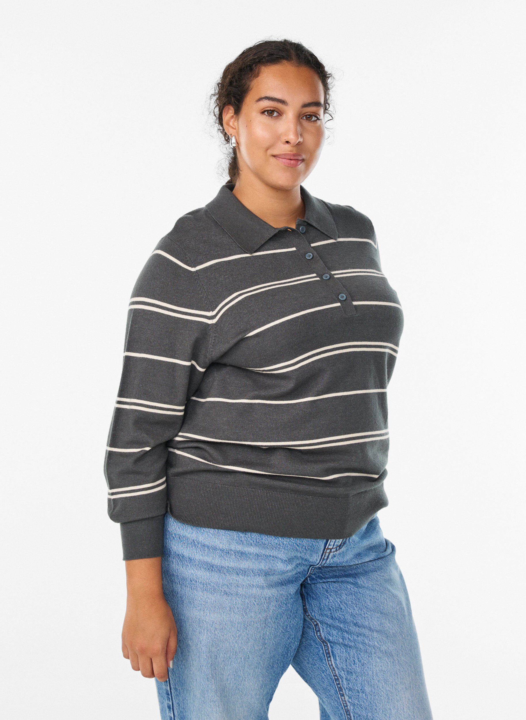 Knit blouse with collar, Green, Model