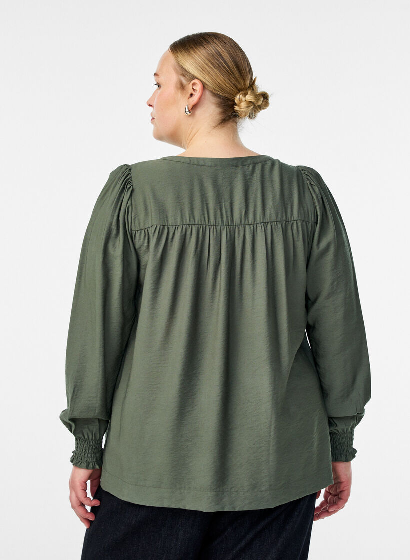 Viscose blouse with smock and gathered details, Green, Model image number 2