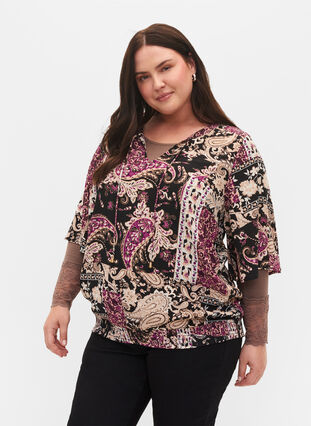 Viscose blouse with paisley print and smock, Black Patchwork AOP, Model image number 0