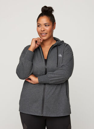 Sweat cardigan with a zip and hood, Dark Grey Melange, Model image number 0