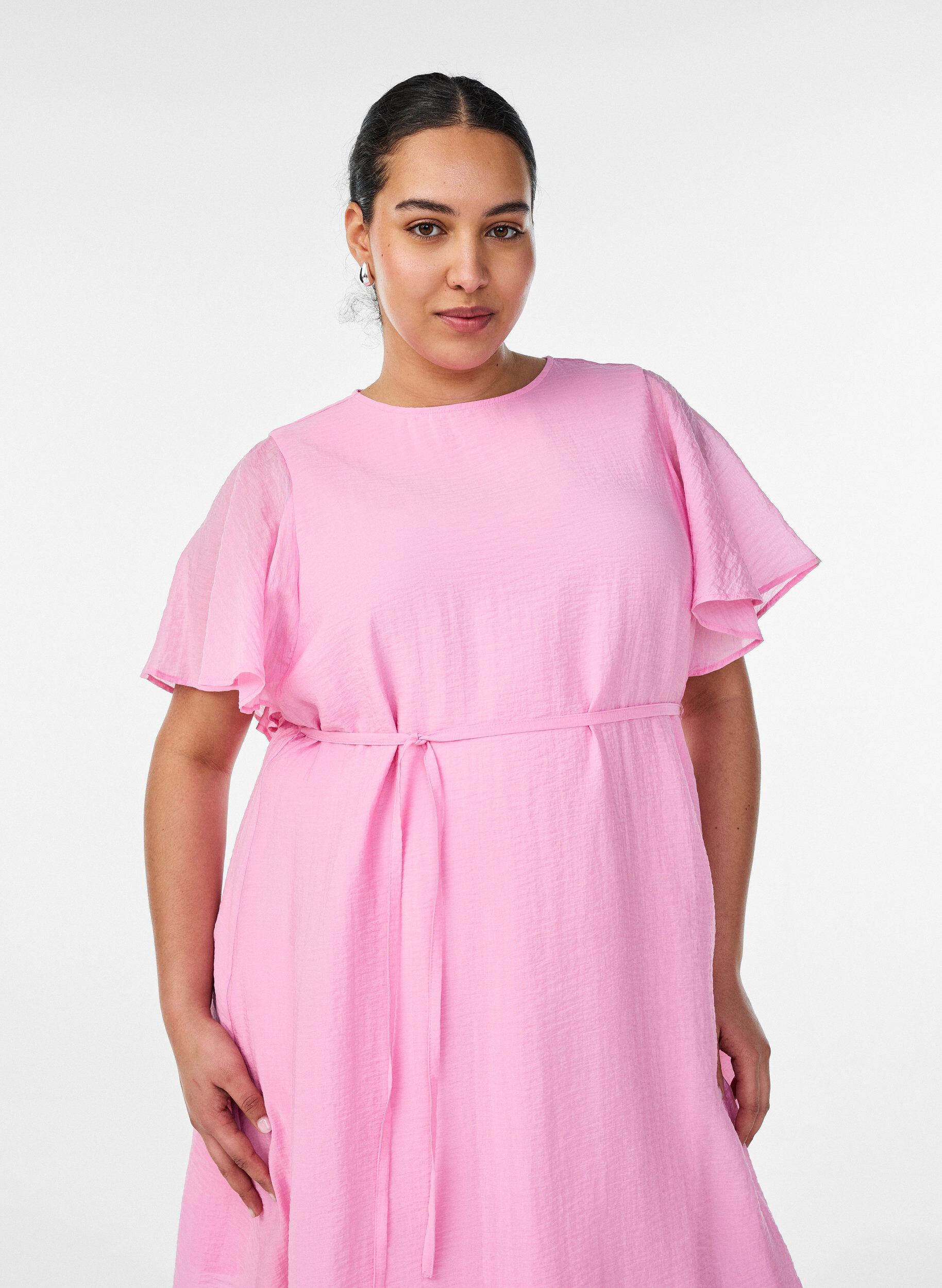 Zizzifashion Ankle-length dress with flutter sleeves and tie-waist, Pink, Model image number 2