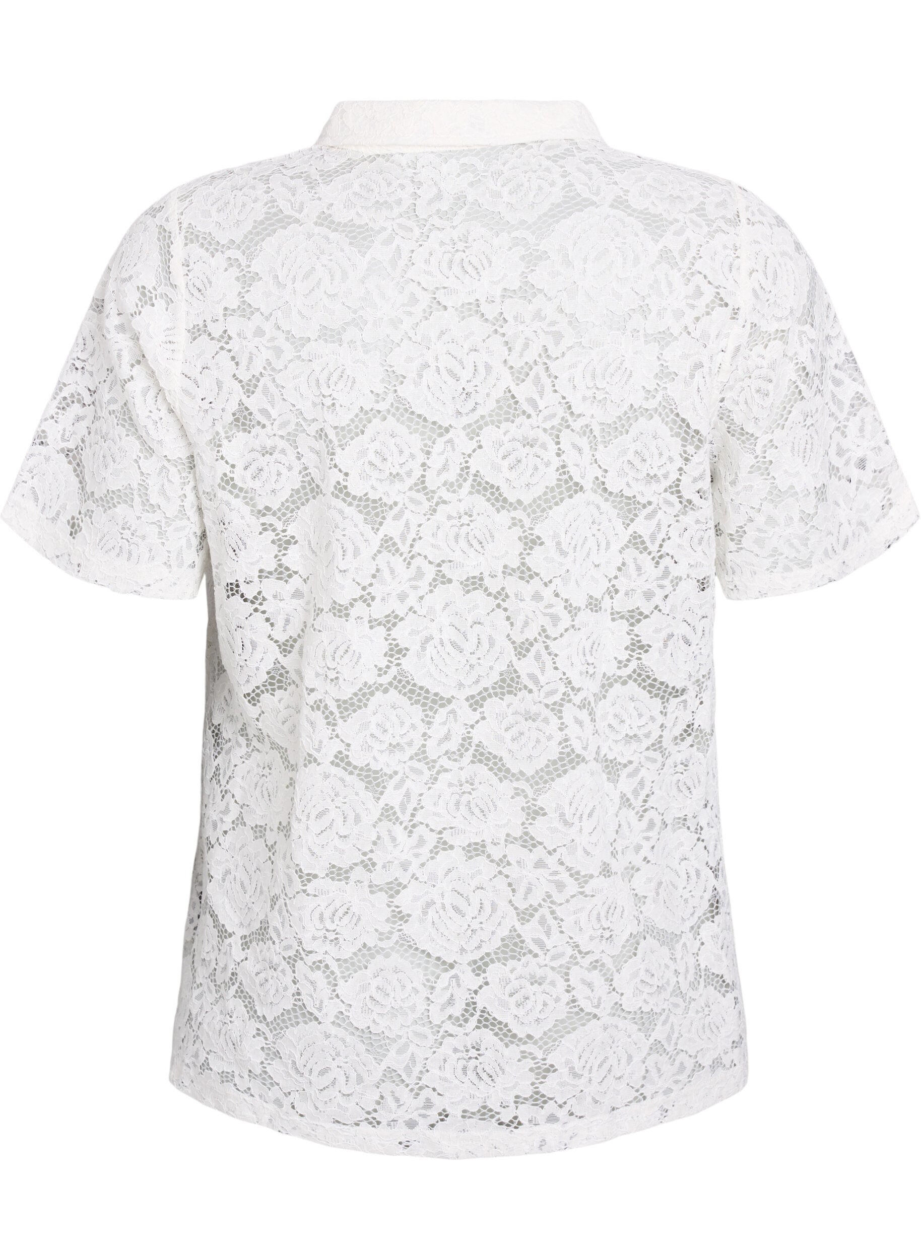Zizzifashion Lace blouse with a collar and V-neck, Vanilla, Packshot image number 1