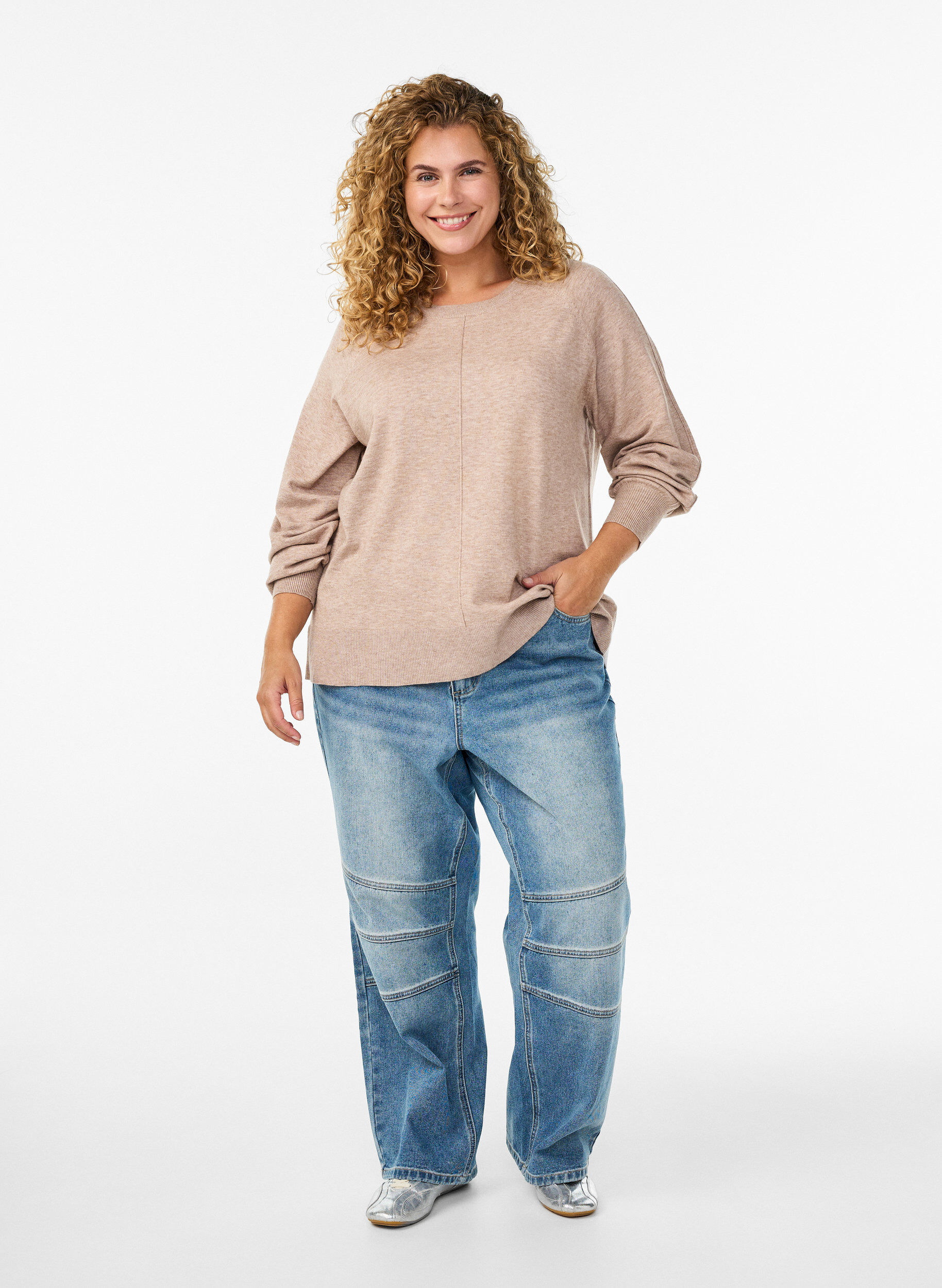 Zizzifashion Knit blouse with centre seam and raglan sleeves, Beige, Model image number 1