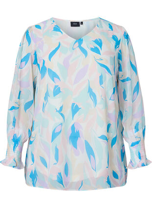 Floral blouse with long sleeves and v neck, White/Pastel Leaf, Packshot image number 0