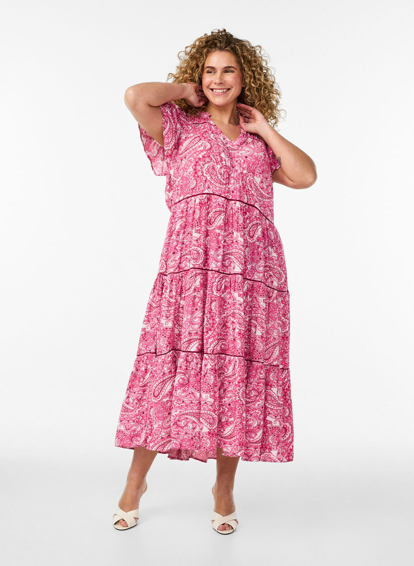 Patterned viscose midi dress, Pink, Model image number 0