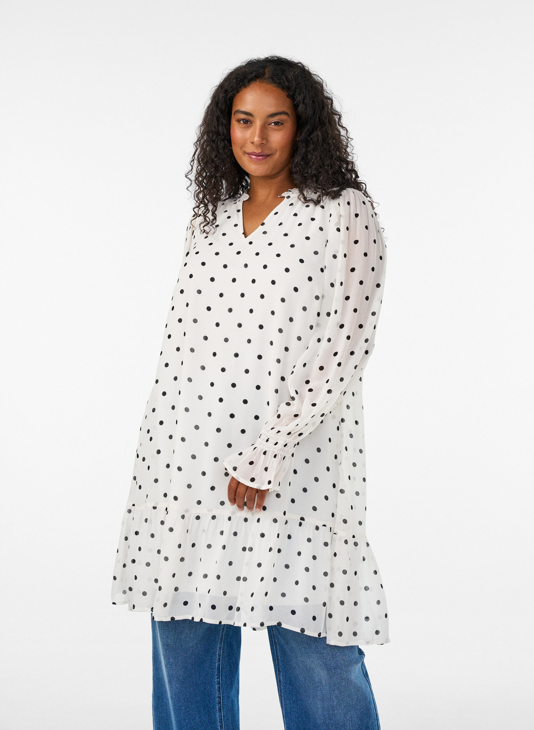 ZizzifashionViscose dress with ruffles and sheer sleeves, White, Model image number 0
