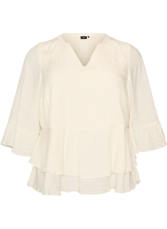 Blouse with 3/4-sleeves and ruffle details, Vanilla, Packshot image number 0
