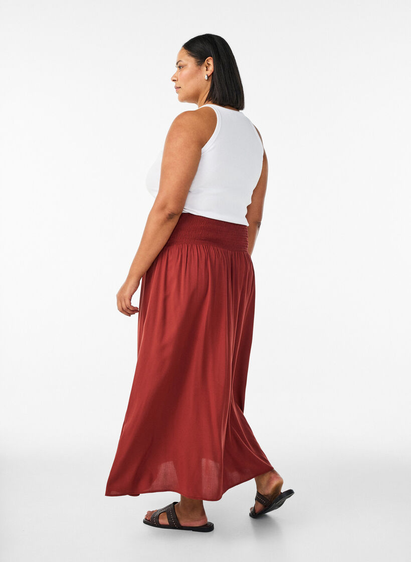 Viscose maxi skirt with smocking, Red, Model image number 1