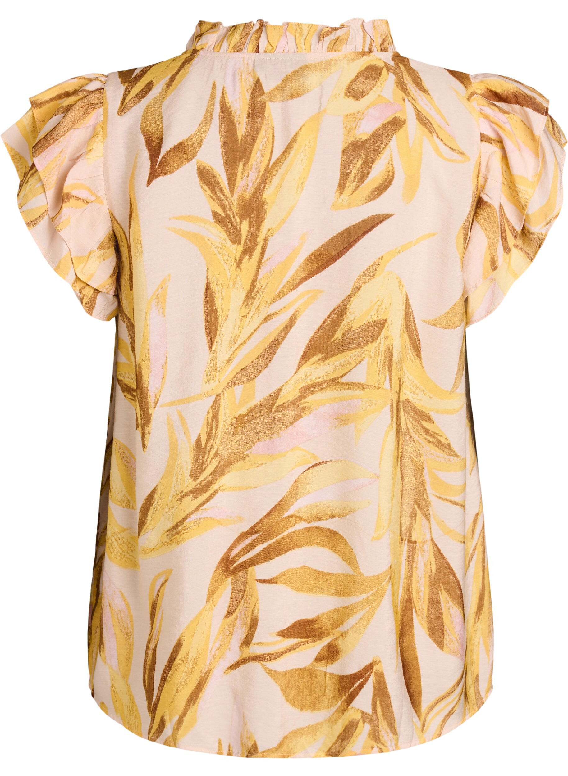 Zizzifashion Viscose blouse with leaf print and ruffle details, Yellow, Packshot image number 1
