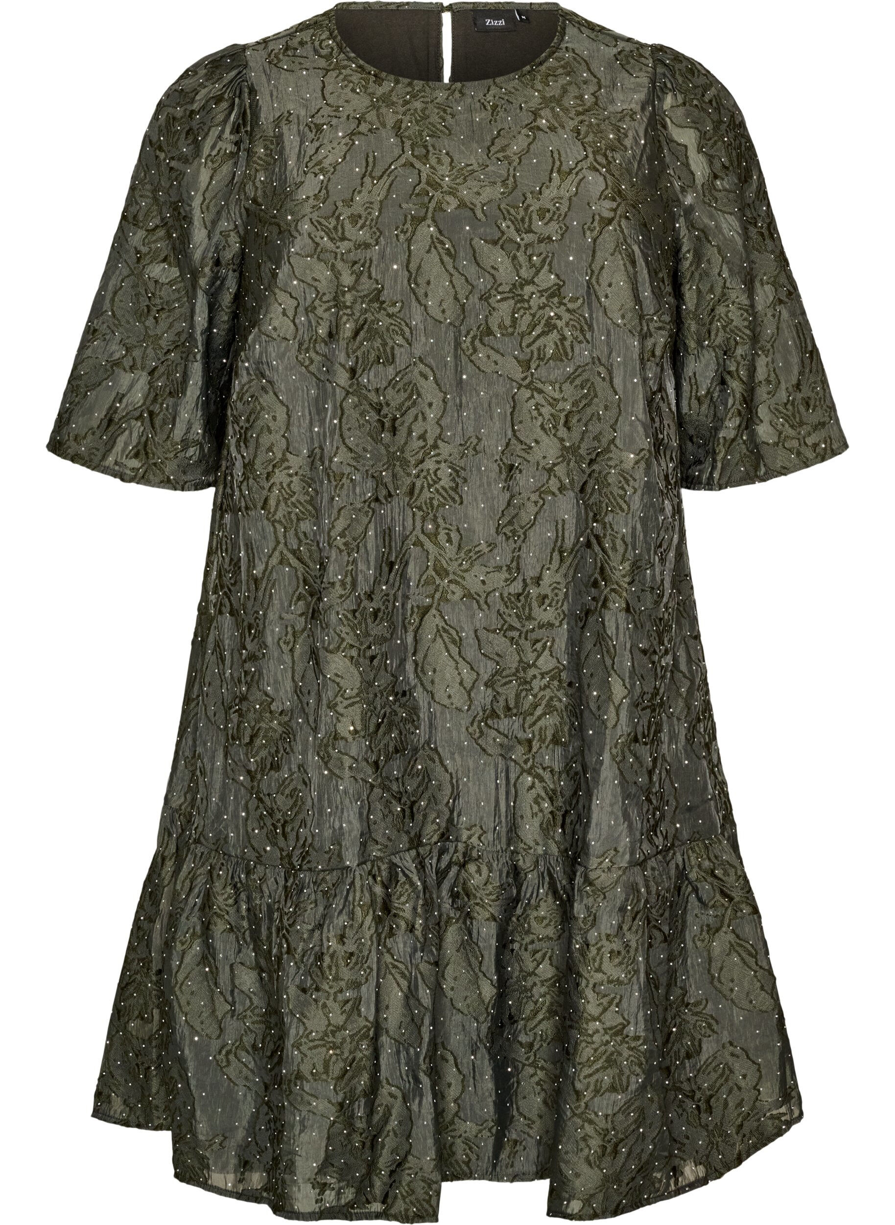 ZizzifashionJacquard dress with sparkly details and puff sleeves, Green, Packshot image number 0