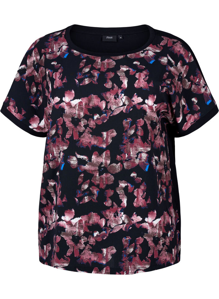 Loose t-shirt with floral print, Black Purple Fl. AOP, Packshot image number 0