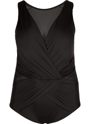 Swimsuit with mesh and draping, Black, Packshot image number 0